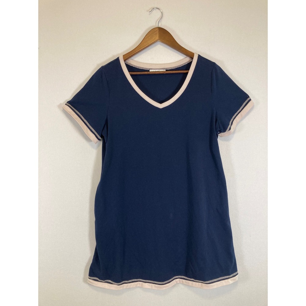 Preppy Nautical WBQ Women Size M Navy Blue V-Neck Pocket T-Shirt Dress Trim